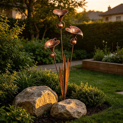 🏡🔥Flamed Copper Calla Lily Stake With Soothing Wind Bells