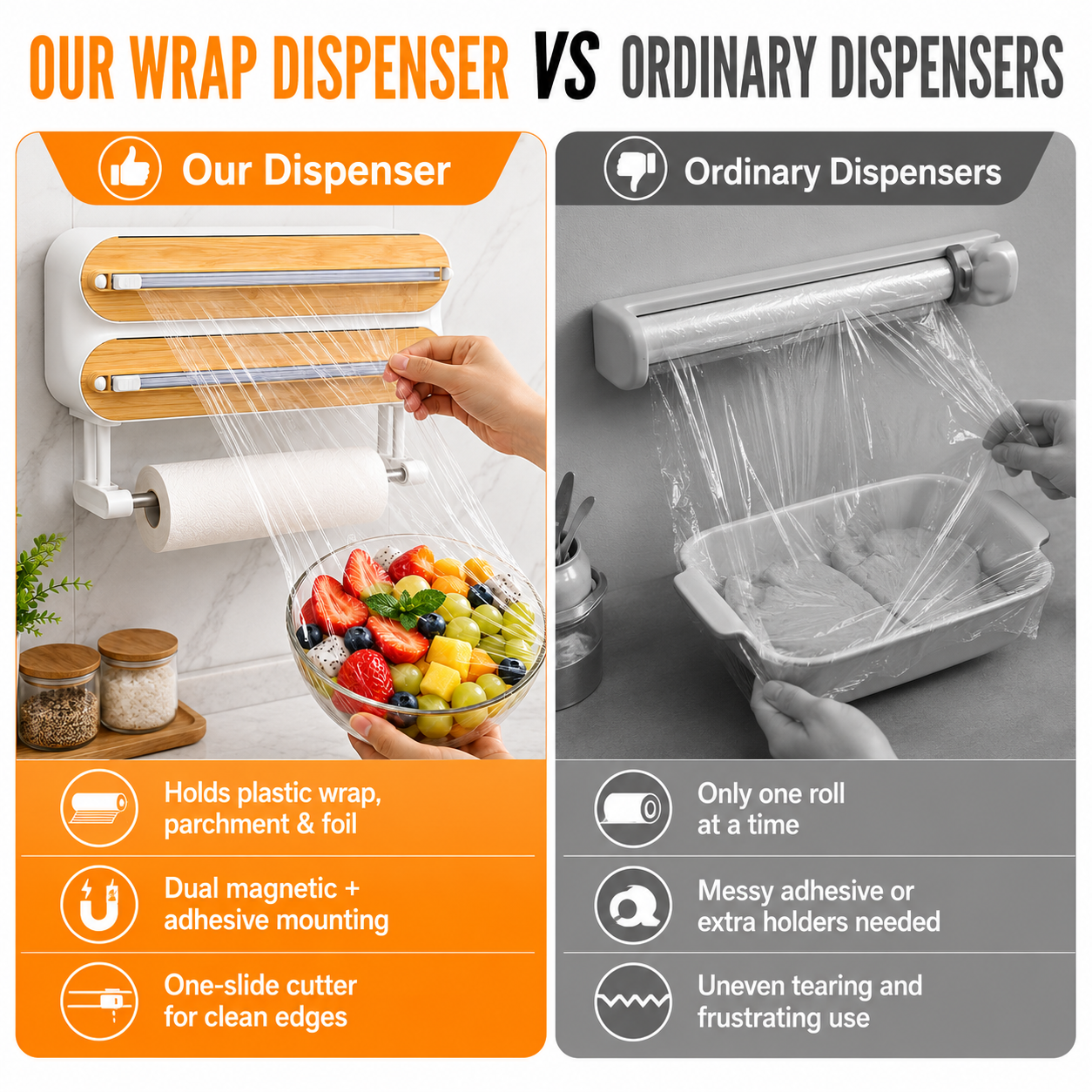 🚚Free Shipping 📦4-in-1 Magnetic Kitchen Wrap Dispenser with Cutters