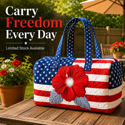 🔥Limited time 55% OFF 🇺🇸🧵 Handcrafted Patriotic Tote Bag – 3D Floral American Flag Travel Duffel