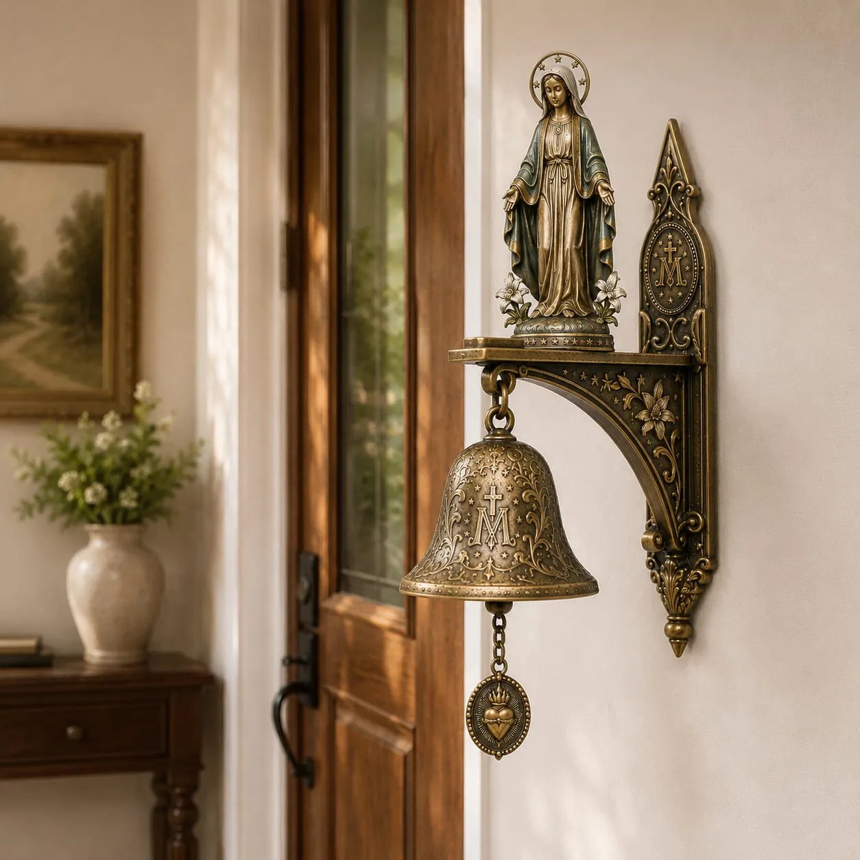 🙏 Our Lady of Grace Bronze Miraculous Medal Wall Bell | Catholic Religious Home & Garden Decor✨