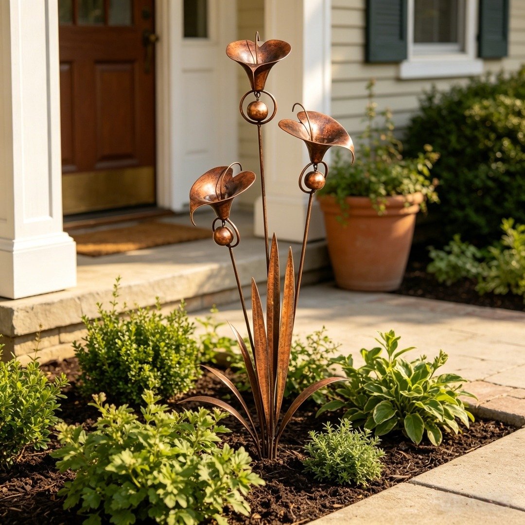 🏡🔥Flamed Copper Calla Lily Stake With Soothing Wind Bells