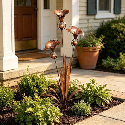 🏡🔥Flamed Copper Calla Lily Stake With Soothing Wind Bells