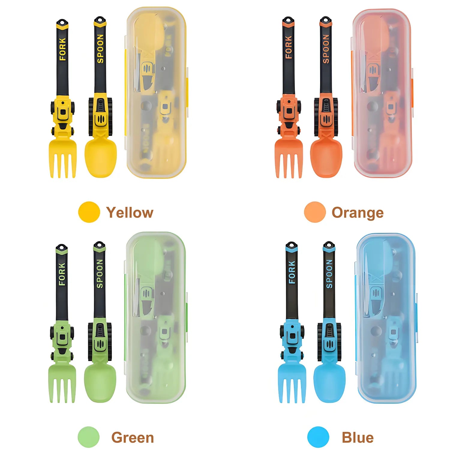 Construction Vehicle Kids Utensil Set 🚜 | 3-Piece Feeding Set with Spoon, Fork & Storage Case | Soft Grip | Dishwasher Safe | Perfect for Travel & Home | Gift Set Utensils