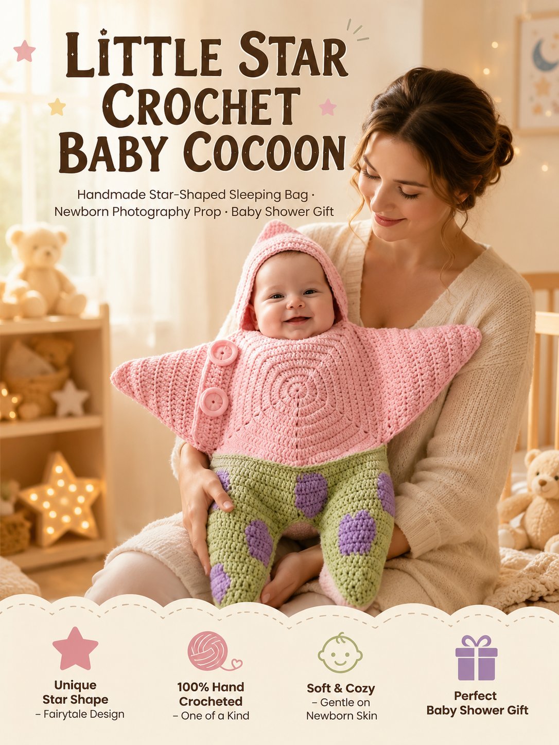⭐ Handmade Crochet Starfish Baby Swaddle Sleeping Bag — A Cozy Little Star Wrap For Your Newborn’s Sweetest Moments 🌙✨