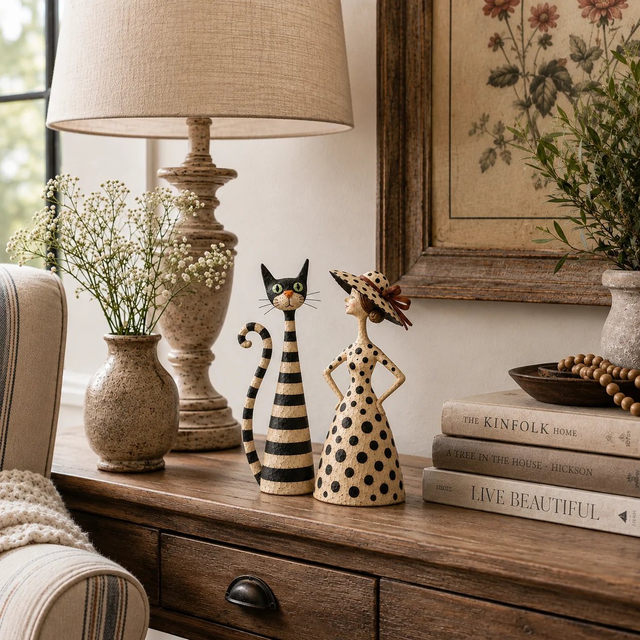Vintage Cat & Lady Sculptures