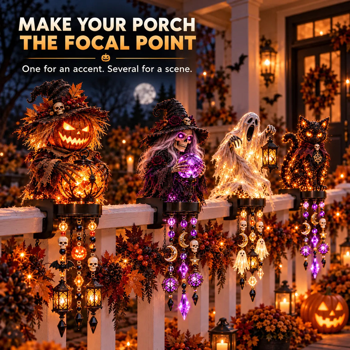 🔥😍🎃 Halloween Character Glow Cascade Railing Lights – Pumpkin, Witch, Ghost & Black Cat