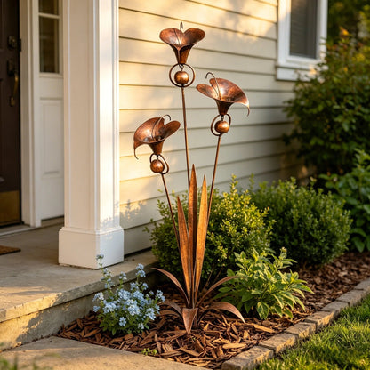 🏡🔥Flamed Copper Calla Lily Stake With Soothing Wind Bells