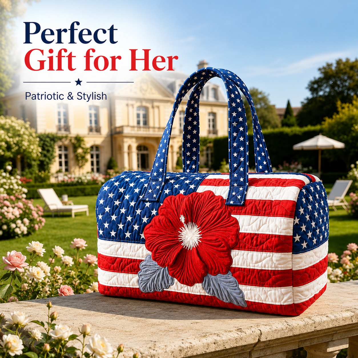 🔥Limited time 55% OFF 🇺🇸🧵 Handcrafted Patriotic Tote Bag – 3D Floral American Flag Travel Duffel