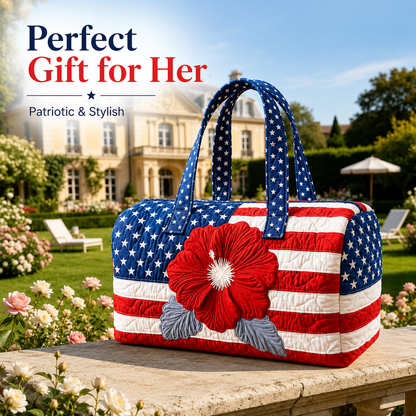 🔥Limited time 55% OFF 🇺🇸🧵 Handcrafted Patriotic Tote Bag – 3D Floral American Flag Travel Duffel