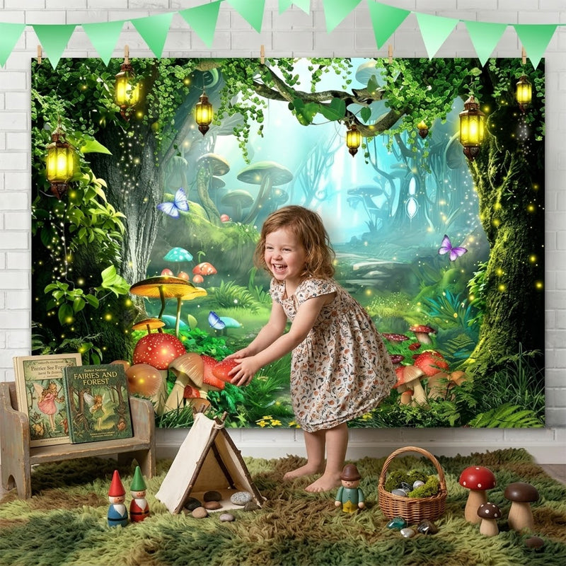 Ultra-Realistic Enchanted Forest Butterfly & Floral Backdrop Banner – Magical Outdoor Party Decoration