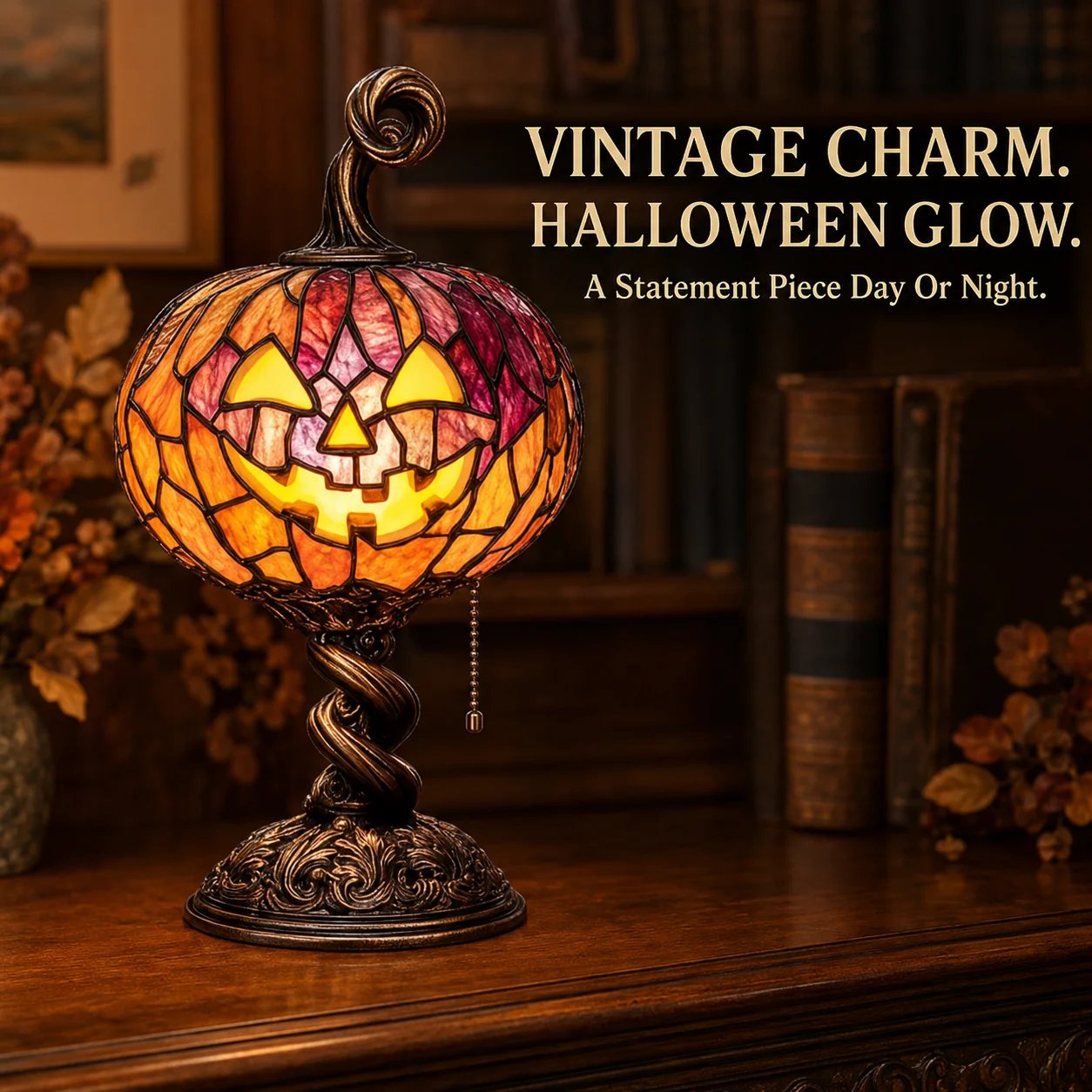 🔥HOT SALE🔥🎃 Halloween Pumpkin Glow Lamp – Vintage Stained-Glass-Style Table Light