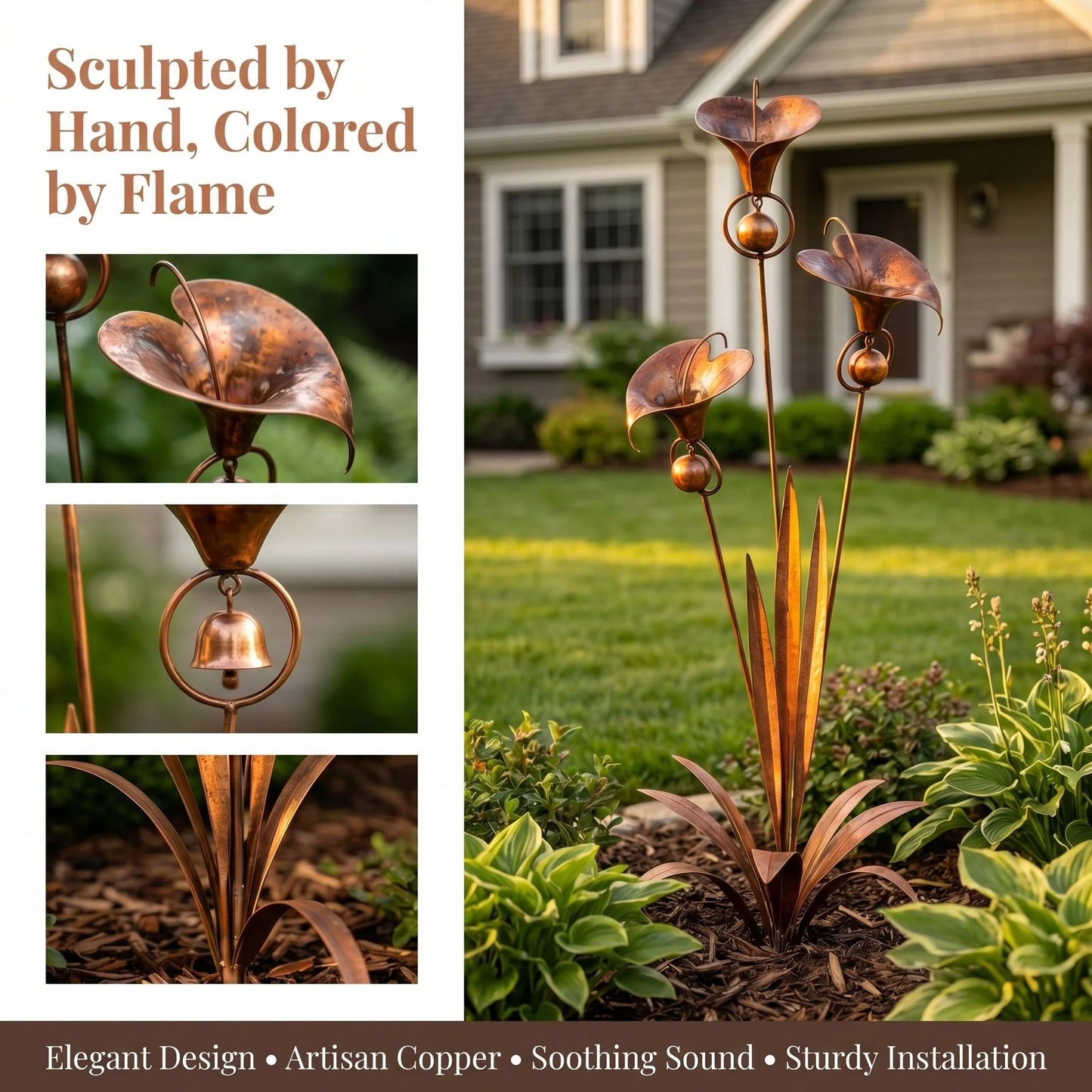 🏡🔥Flamed Copper Calla Lily Stake With Soothing Wind Bells