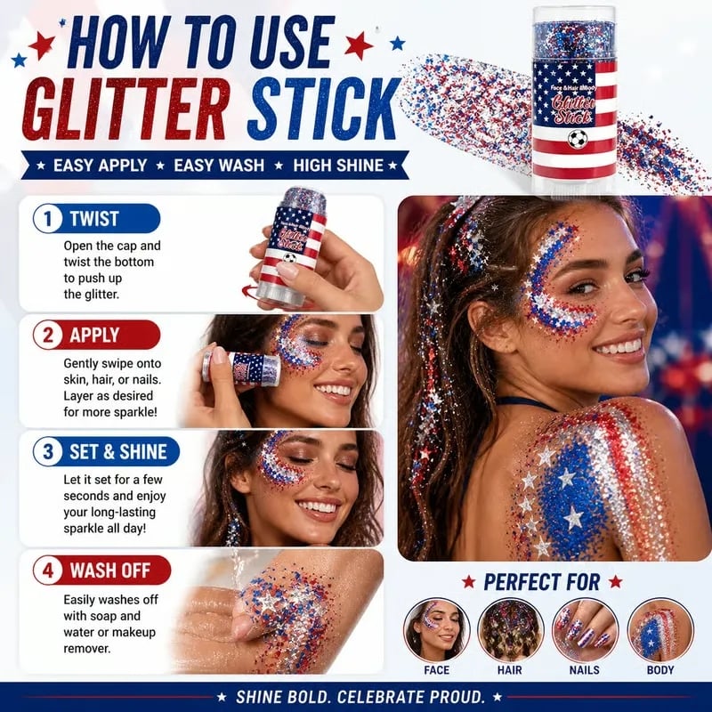 🎁🦅4th of July Glitter Stick✨🔔 Red, White & Blue Body & Hair Sparkle