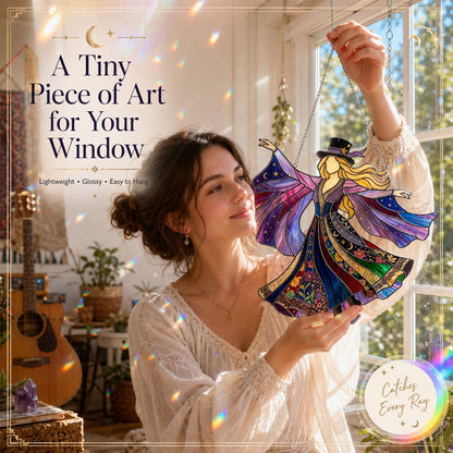 🌙 Witchy Rock Muse Acrylic Suncatcher Ornament – Rainbow Window Charm for Music Lovers