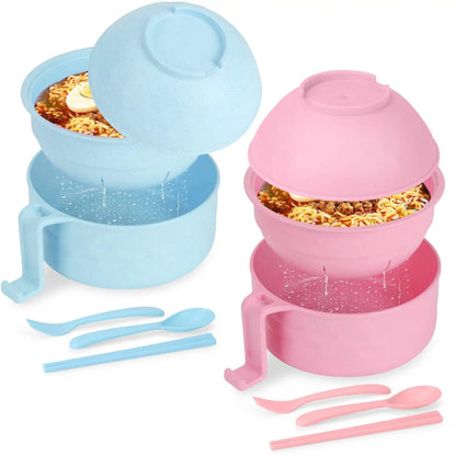 Two Pack Microwave Ramen Bowl Set With Chopsticks And Spoon, 32 Ounce Ramen Cooker For Quick Noodle Meals, Pasta And Soup Maker, Dorm Friendly Gift For Students, Blue And Pink