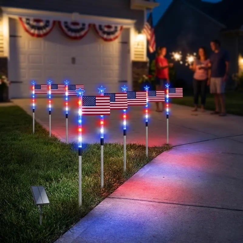 🎆8 Solar American Flag Pathway Lights – Red, White & Blue Yard Glow for 250th Independence Celebration ✨