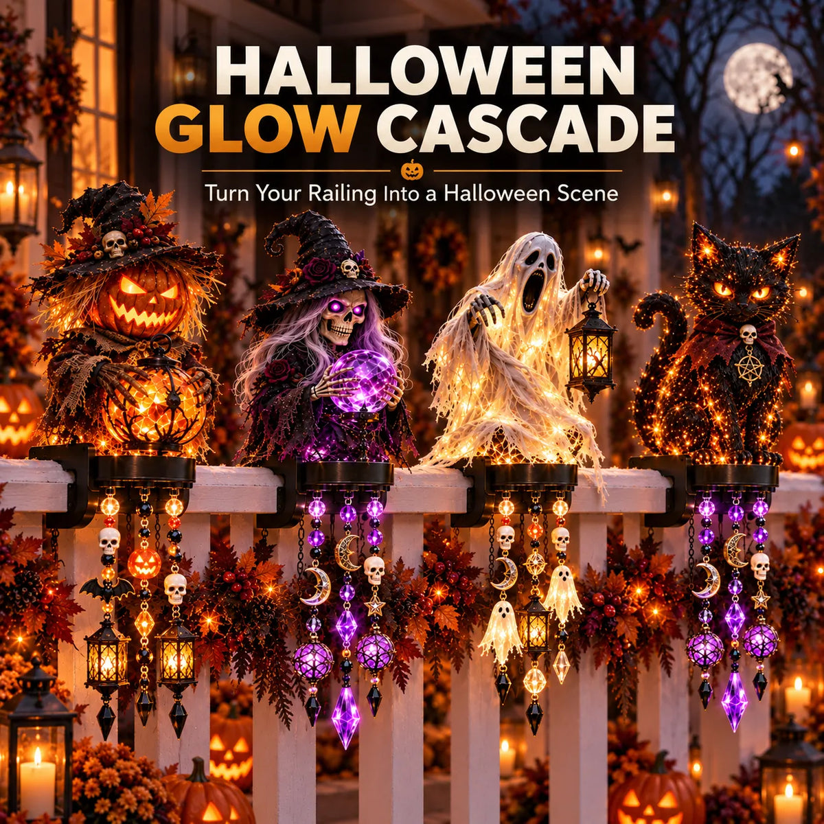 🔥😍🎃 Halloween Character Glow Cascade Railing Lights – Pumpkin, Witch, Ghost & Black Cat