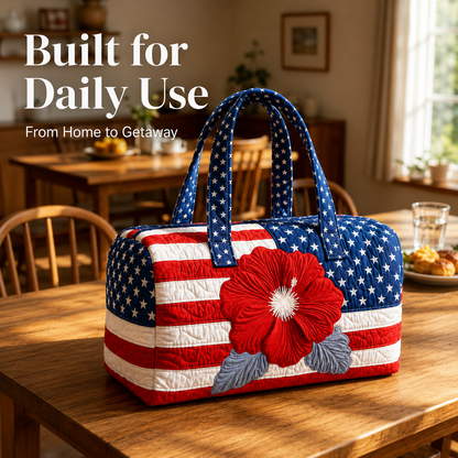 🔥Limited time 55% OFF 🇺🇸🧵 Handcrafted Patriotic Tote Bag – 3D Floral American Flag Travel Duffel