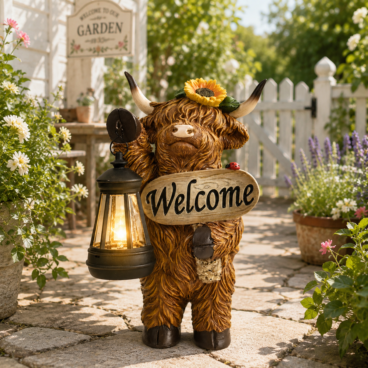 Solar-Powered Scottish Highland Bull Garden Welcome Light