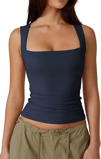 💥Women's Square Neck Sleeveless Double-Layer Tank Tops Basic Tight T Shirts short