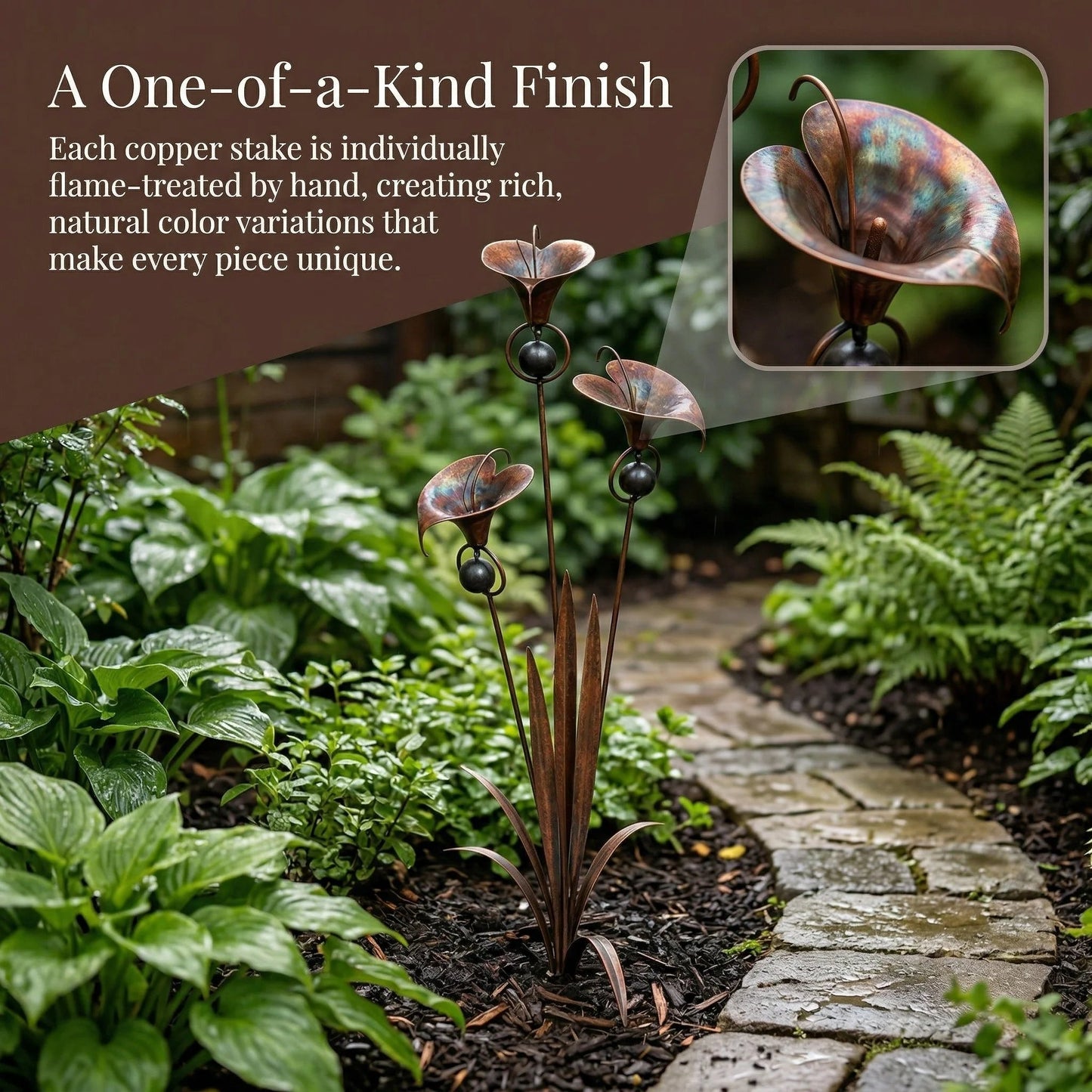 🏡🔥Flamed Copper Calla Lily Stake With Soothing Wind Bells