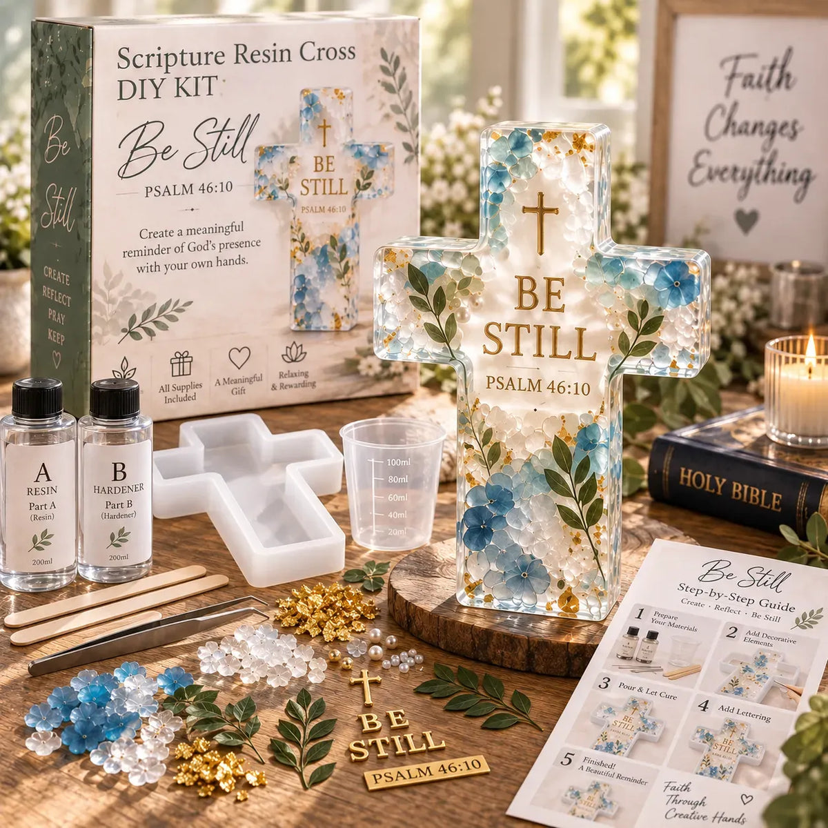 ✝️🌸 Faithful Floral Resin Cross Craft Set – Complete Beginner DIY Keepsake Kit