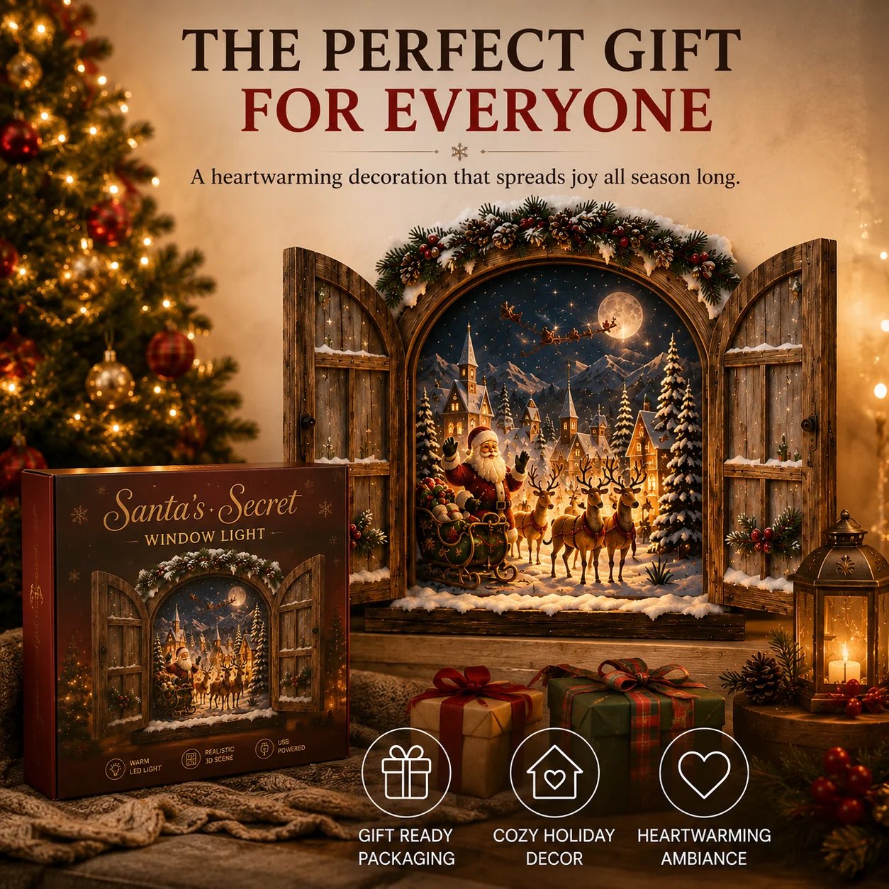 🎅 Santa’s Secret Window Light 🎅– 3D Lighted North Pole Christmas Wall Decor