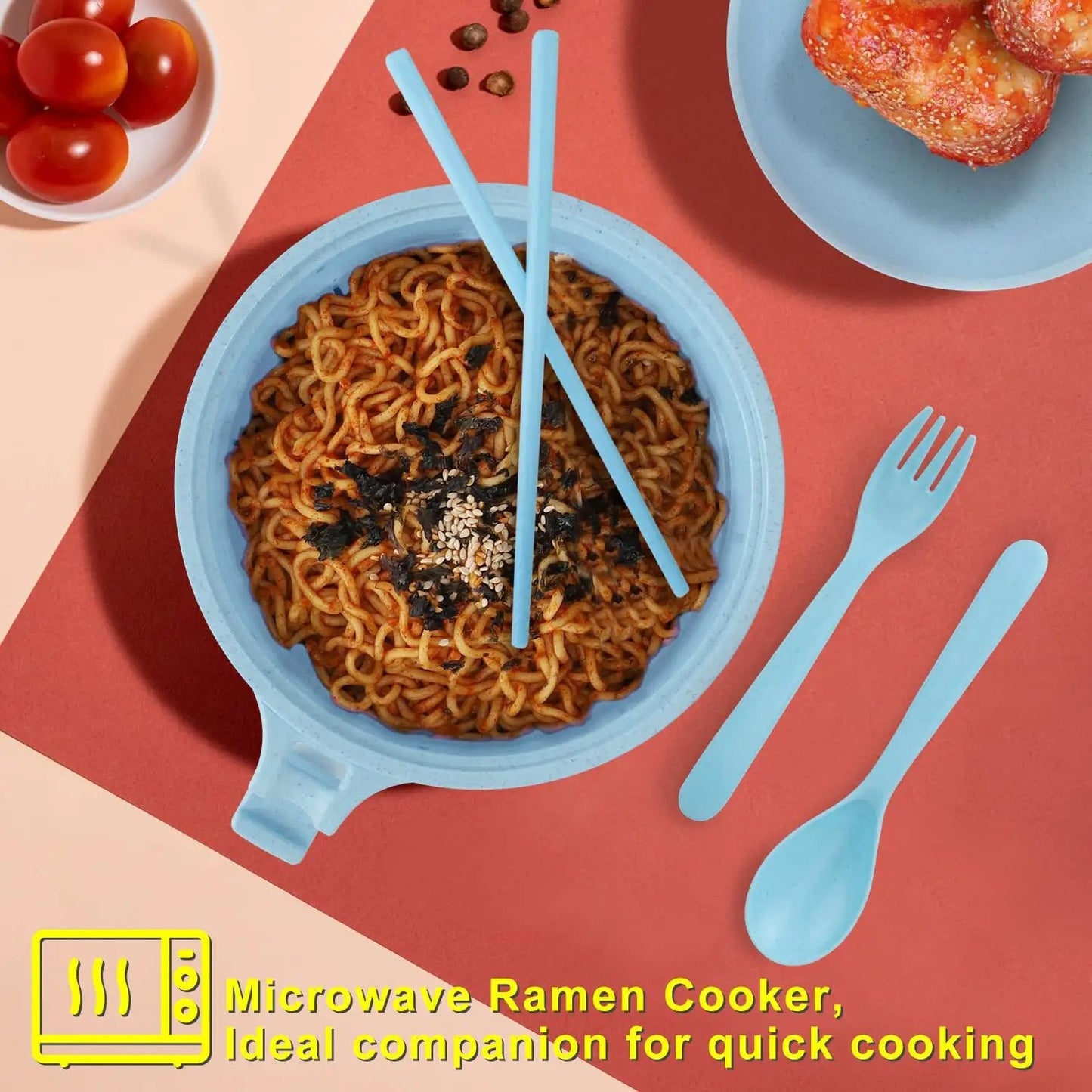 Two Pack Microwave Ramen Bowl Set With Chopsticks And Spoon, 32 Ounce Ramen Cooker For Quick Noodle Meals, Pasta And Soup Maker, Dorm Friendly Gift For Students, Blue And Pink