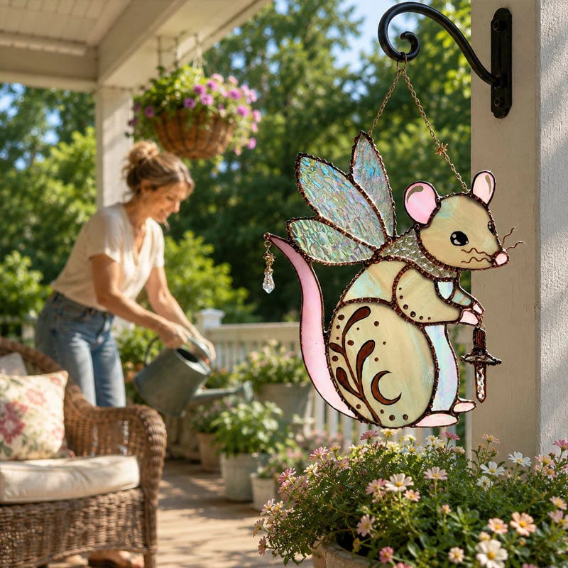Handcrafted Stained Glass Enchanted Fairy Mouse Suncatcher – Whimsical Window Hanging Decor