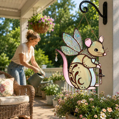 Handcrafted Stained Glass Enchanted Fairy Mouse Suncatcher – Whimsical Window Hanging Decor
