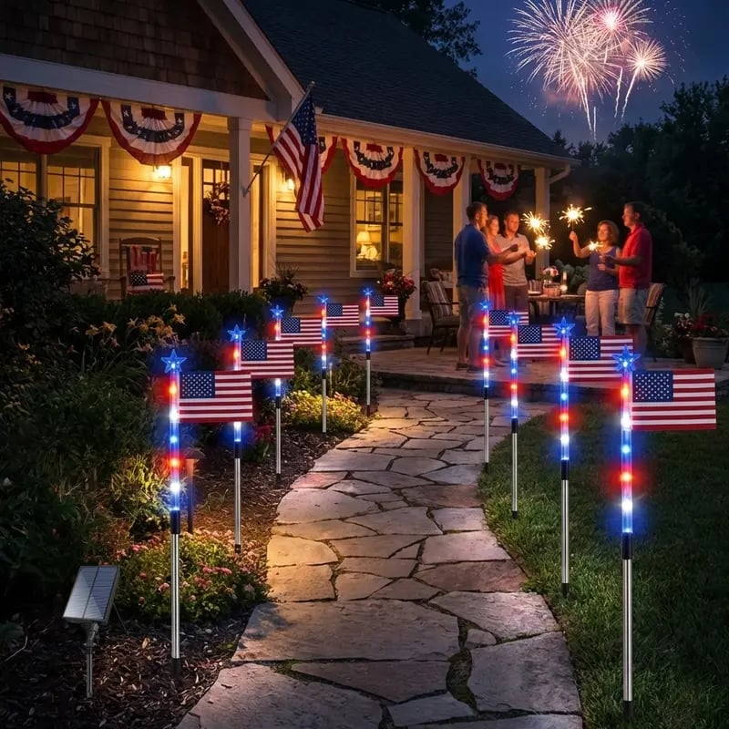 🎆8 Solar American Flag Pathway Lights – Red, White & Blue Yard Glow for 250th Independence Celebration ✨