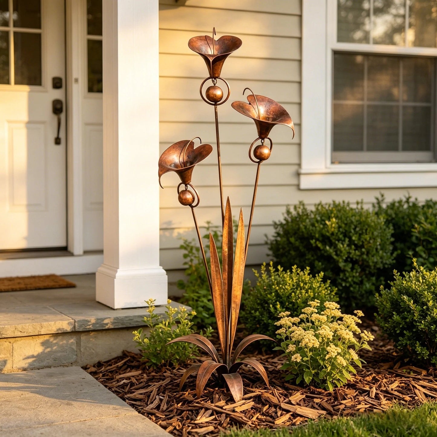 🏡🔥Flamed Copper Calla Lily Stake With Soothing Wind Bells