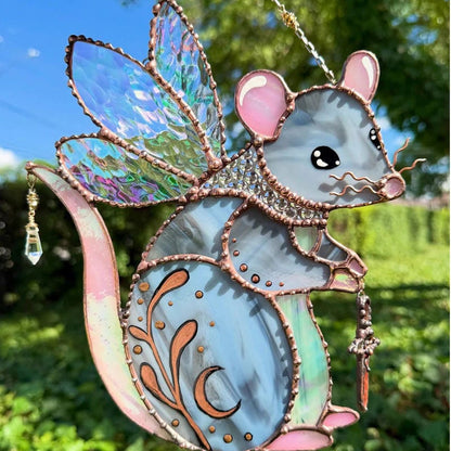 Handcrafted Stained Glass Enchanted Fairy Mouse Suncatcher – Whimsical Window Hanging Decor