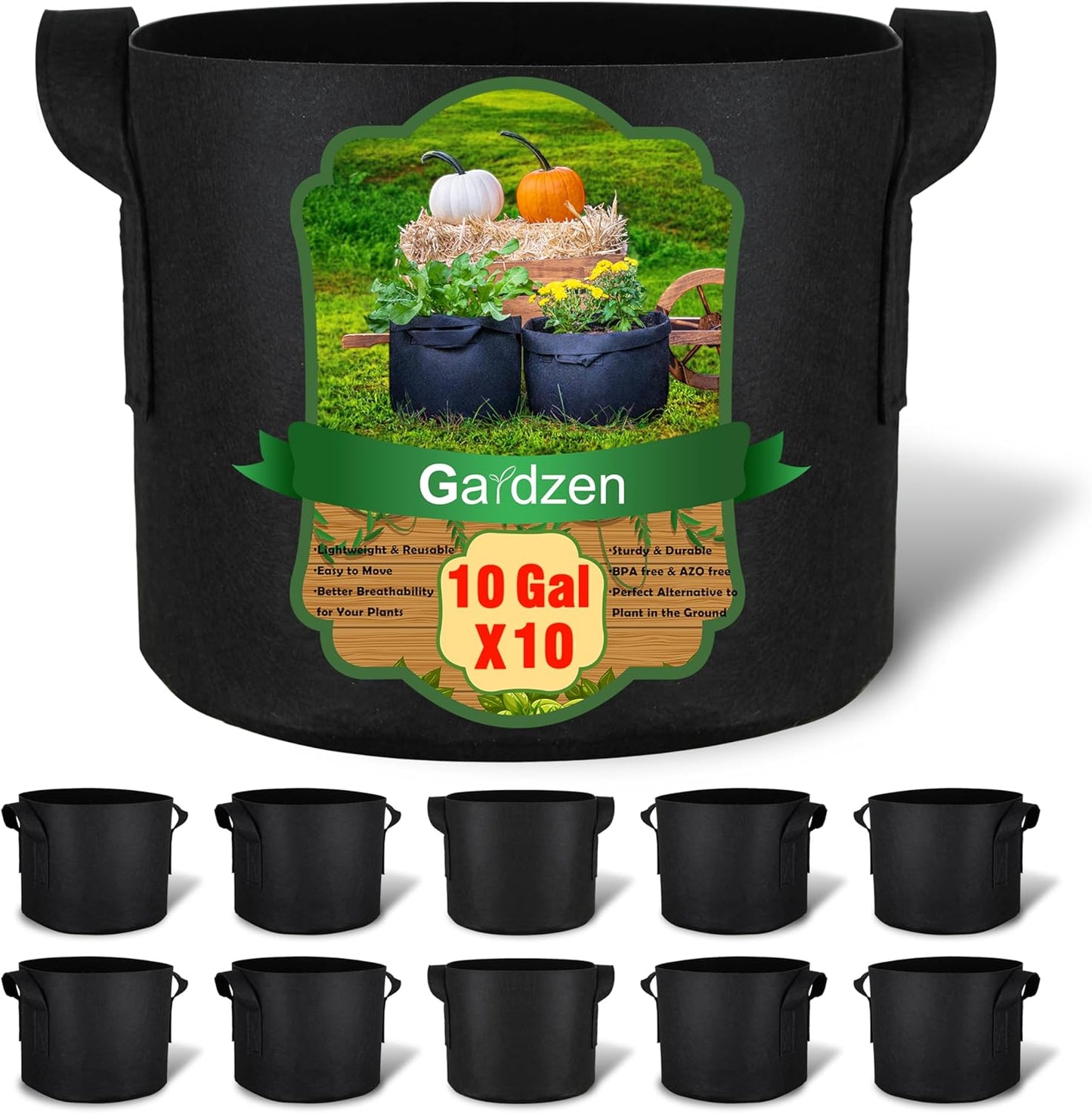 Gardzen 10-Pack 2 Gallon Grow Bags, 300G Thickened Fabric Grow Bags with Handles, Heavy Duty Aeration Plant Grow Bags