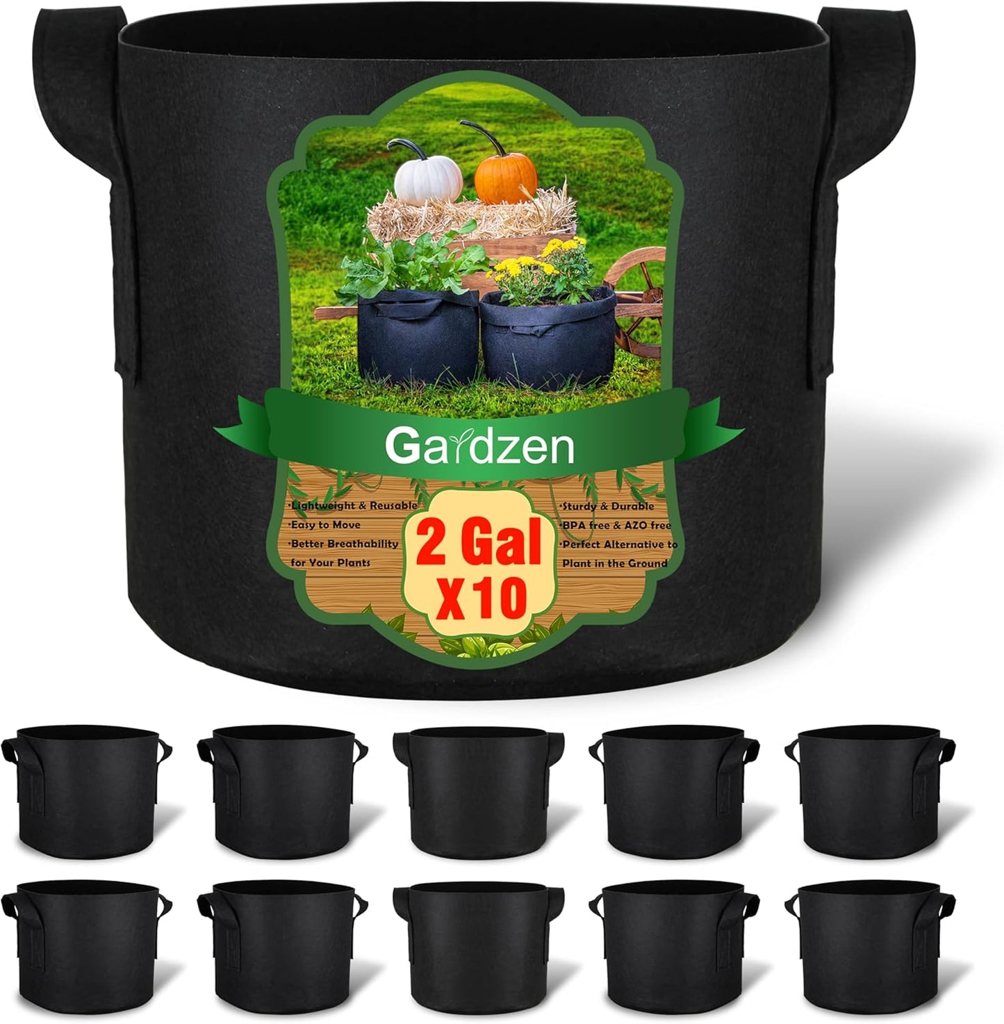 Gardzen 10-Pack 2 Gallon Grow Bags, 300G Thickened Fabric Grow Bags with Handles, Heavy Duty Aeration Plant Grow Bags