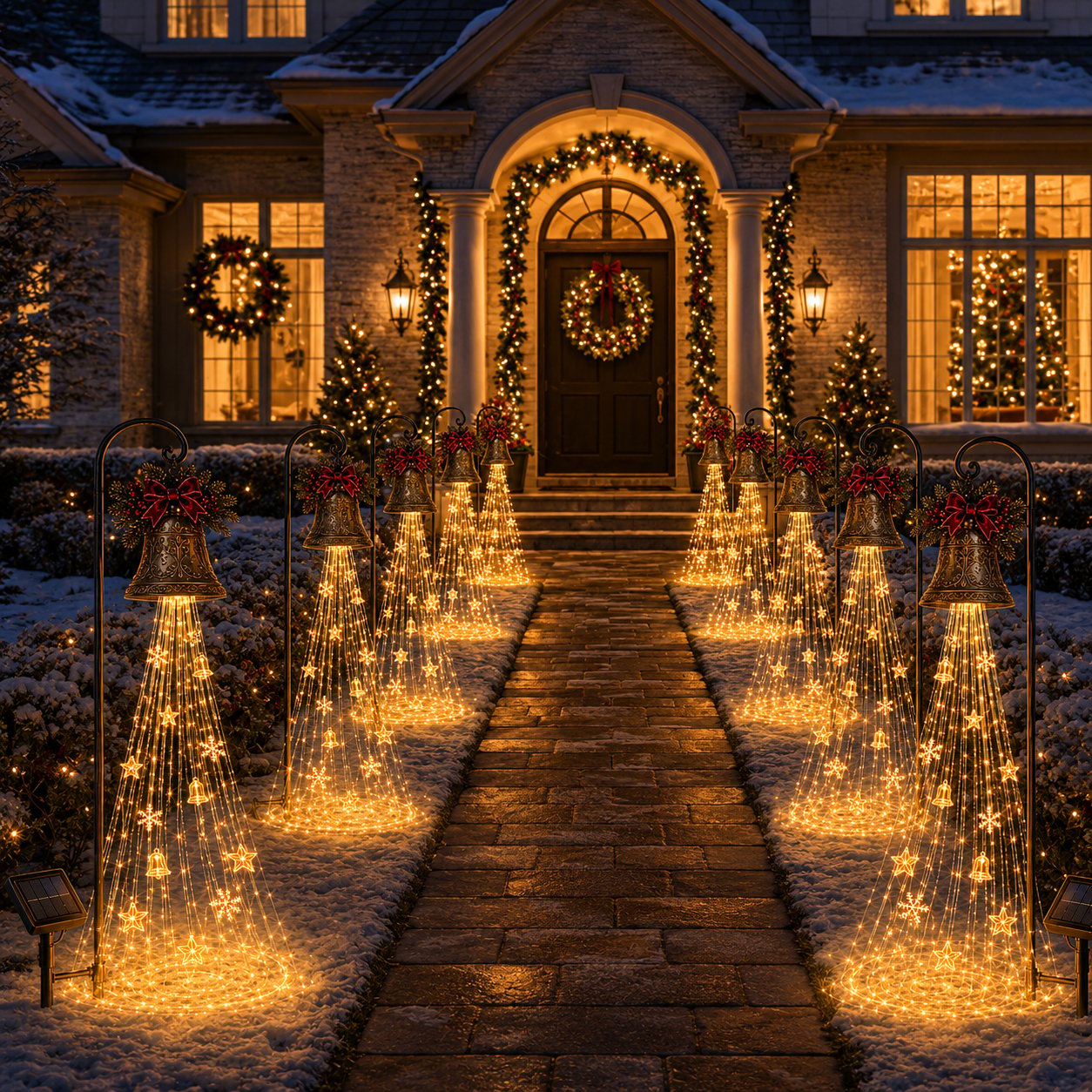 🔔 Christmas Bell Cascade Solar Yard Light — A Golden Waterfall of Light Pouring from a Vintage Bell | Solar-Powered, Zero Wiring, Auto Dusk-to-Dawn Glow | Star & Snowflake Cascade for Walkway, Porch & Garden