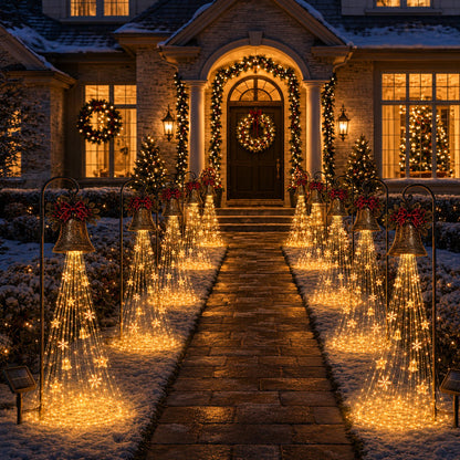 🔔 Christmas Bell Cascade Solar Yard Light — A Golden Waterfall of Light Pouring from a Vintage Bell | Solar-Powered, Zero Wiring, Auto Dusk-to-Dawn Glow | Star & Snowflake Cascade for Walkway, Porch & Garden