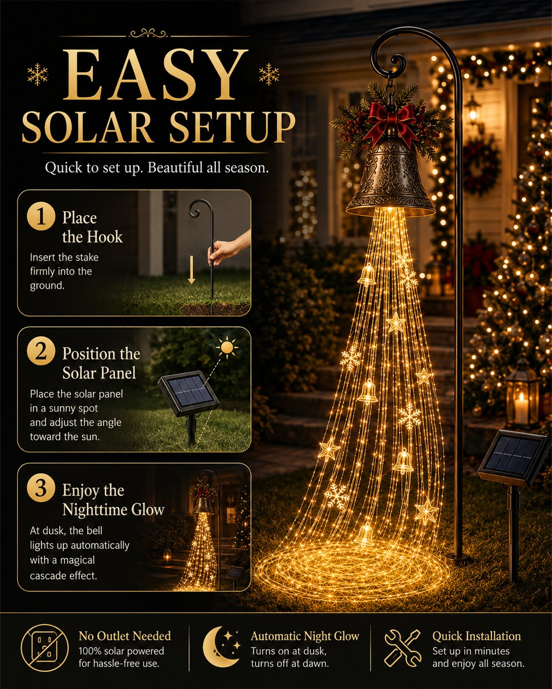 🔔 Christmas Bell Cascade Solar Yard Light — A Golden Waterfall of Light Pouring from a Vintage Bell | Solar-Powered, Zero Wiring, Auto Dusk-to-Dawn Glow | Star & Snowflake Cascade for Walkway, Porch & Garden