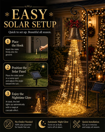 🔔 Christmas Bell Cascade Solar Yard Light — A Golden Waterfall of Light Pouring from a Vintage Bell | Solar-Powered, Zero Wiring, Auto Dusk-to-Dawn Glow | Star & Snowflake Cascade for Walkway, Porch & Garden