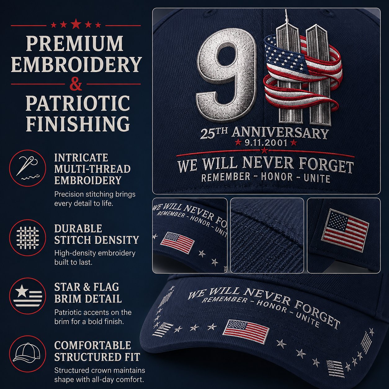 🔥9/11 25th Anniversary We Will Never Forget Printed Memorial Baseball Cap – Unisex Patriotic Memorial Hat🧢