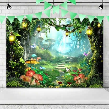 Ultra-Realistic Enchanted Forest Butterfly & Floral Backdrop Banner – Magical Outdoor Party Decoration