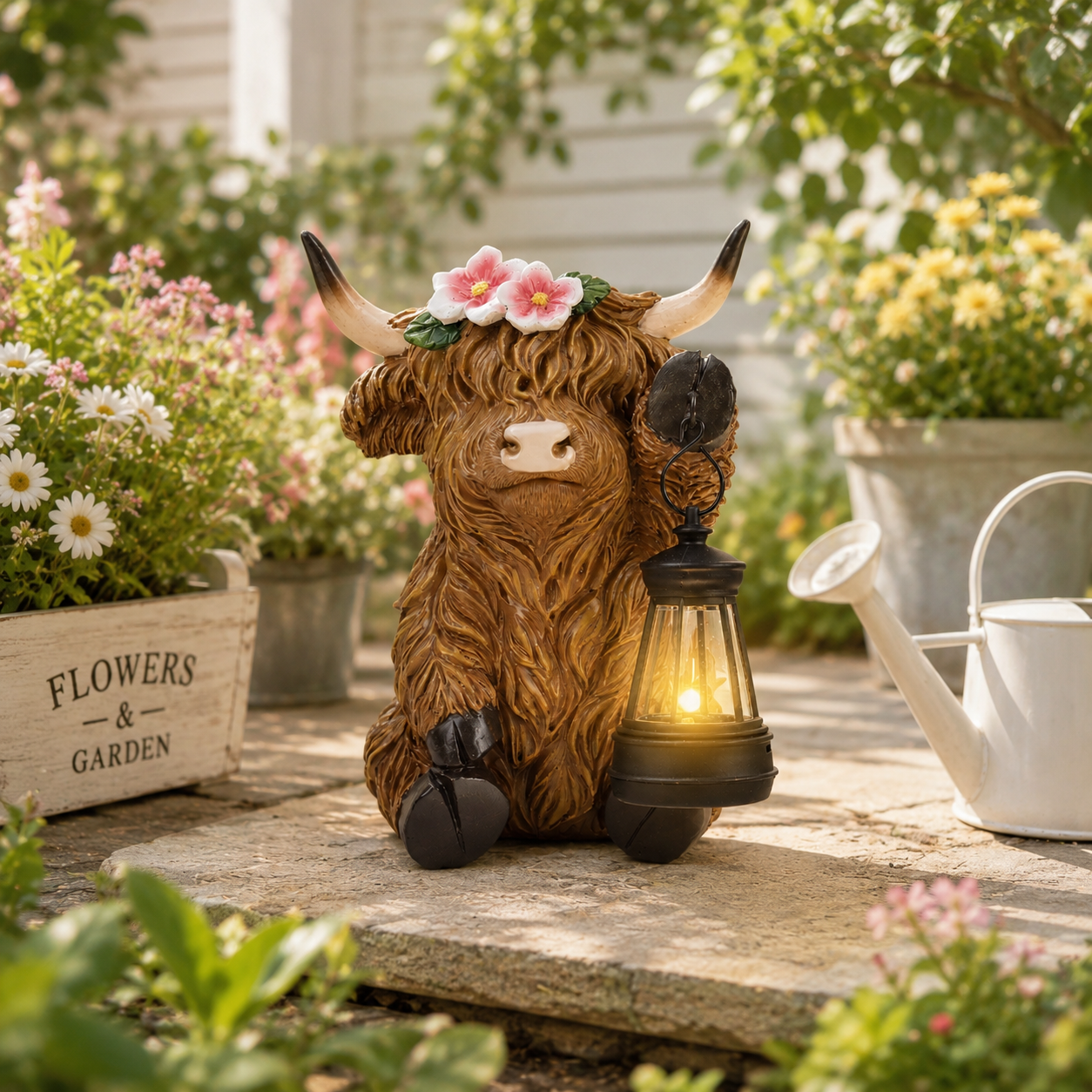 Solar-Powered Scottish Highland Bull Garden Welcome Light