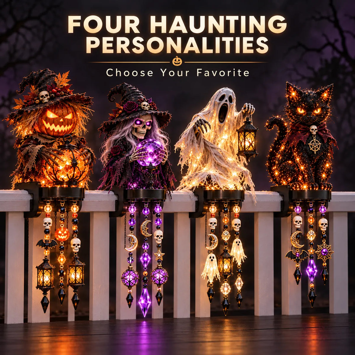 🔥😍🎃 Halloween Character Glow Cascade Railing Lights – Pumpkin, Witch, Ghost & Black Cat