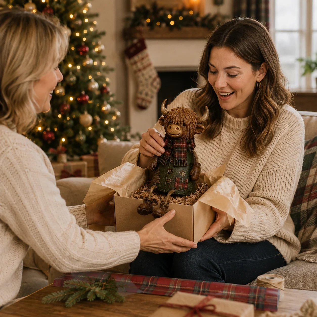 Festliche Hochlandkuh-Regalfigur – Rustikale Weihnachtsdekoration für Zuhause