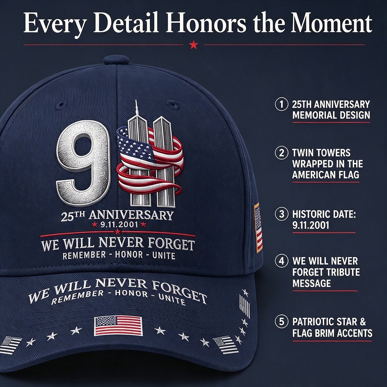 🔥9/11 25th Anniversary We Will Never Forget Printed Memorial Baseball Cap – Unisex Patriotic Memorial Hat🧢
