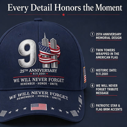 🔥9/11 25th Anniversary We Will Never Forget Printed Memorial Baseball Cap – Unisex Patriotic Memorial Hat🧢