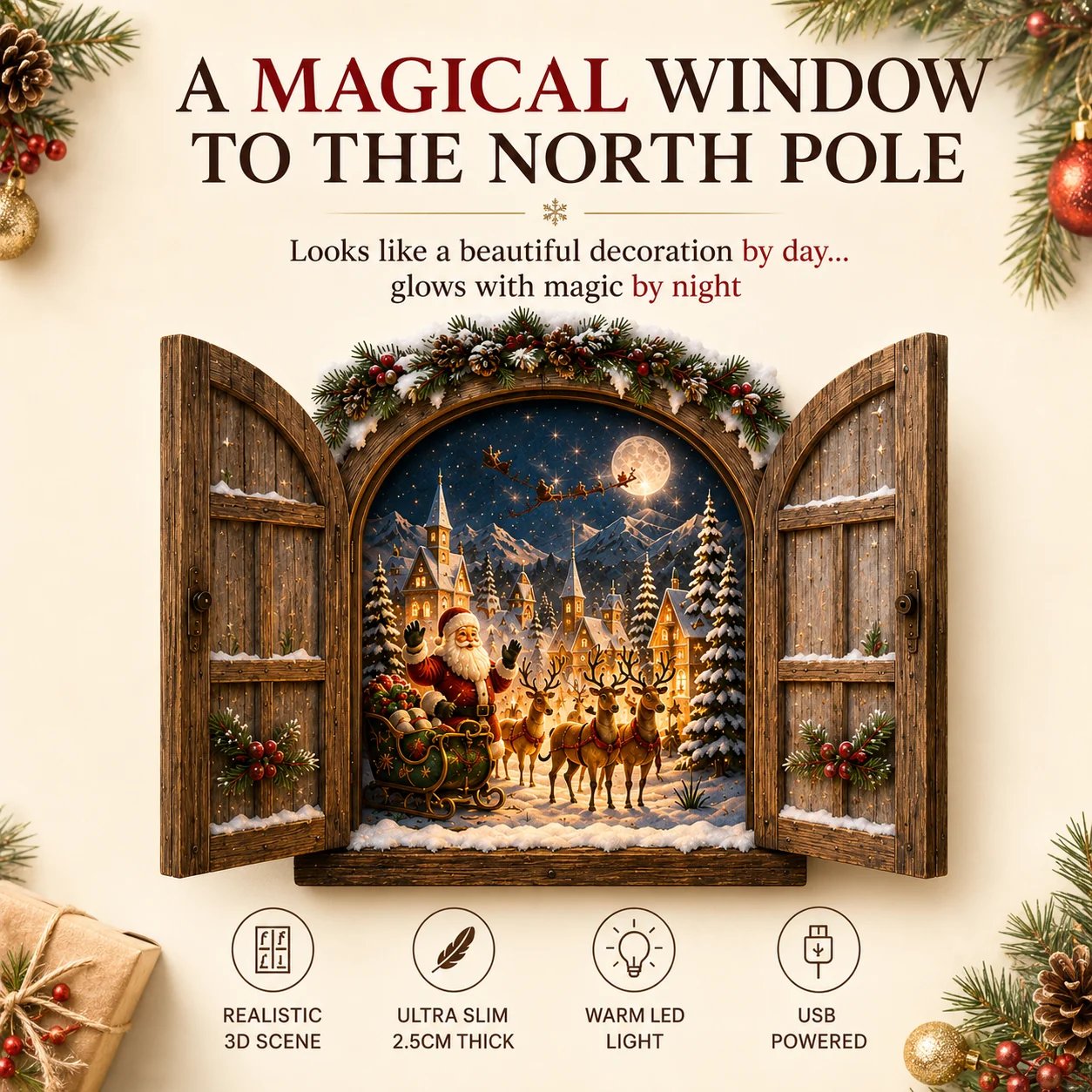 🎅 Santa’s Secret Window Light 🎅– 3D Lighted North Pole Christmas Wall Decor