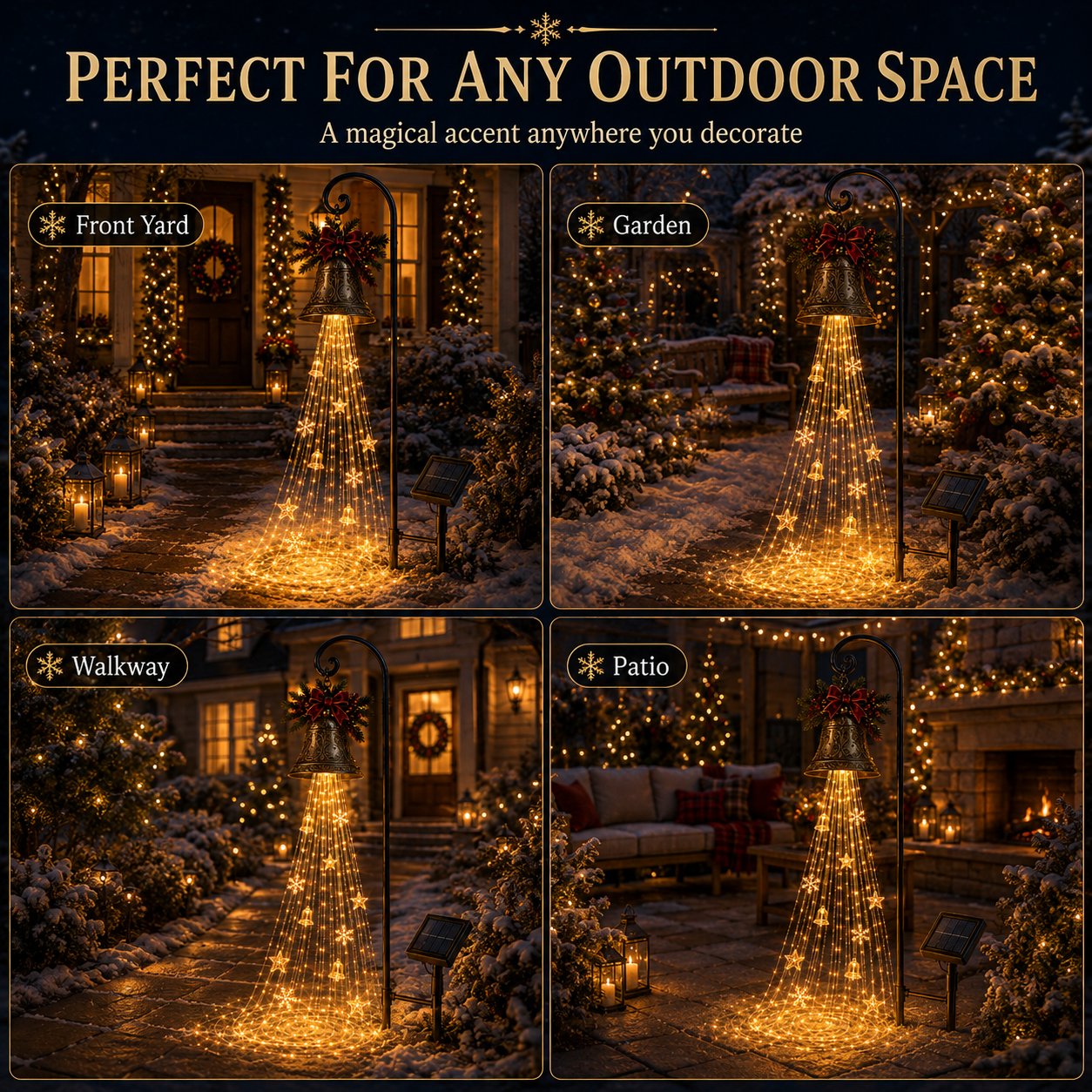 🔔 Christmas Bell Cascade Solar Yard Light — A Golden Waterfall of Light Pouring from a Vintage Bell | Solar-Powered, Zero Wiring, Auto Dusk-to-Dawn Glow | Star & Snowflake Cascade for Walkway, Porch & Garden