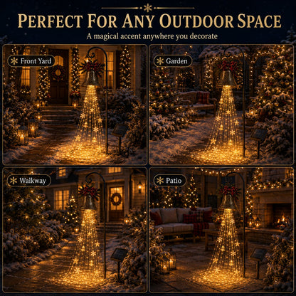 🔔 Christmas Bell Cascade Solar Yard Light — A Golden Waterfall of Light Pouring from a Vintage Bell | Solar-Powered, Zero Wiring, Auto Dusk-to-Dawn Glow | Star & Snowflake Cascade for Walkway, Porch & Garden