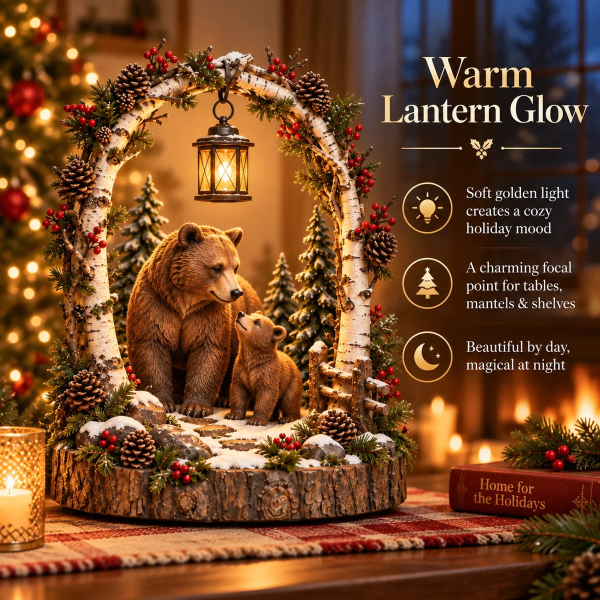 🐻Woodland Bear Family Lantern – Lighted Christmas Forest Tabletop Decor 🎄